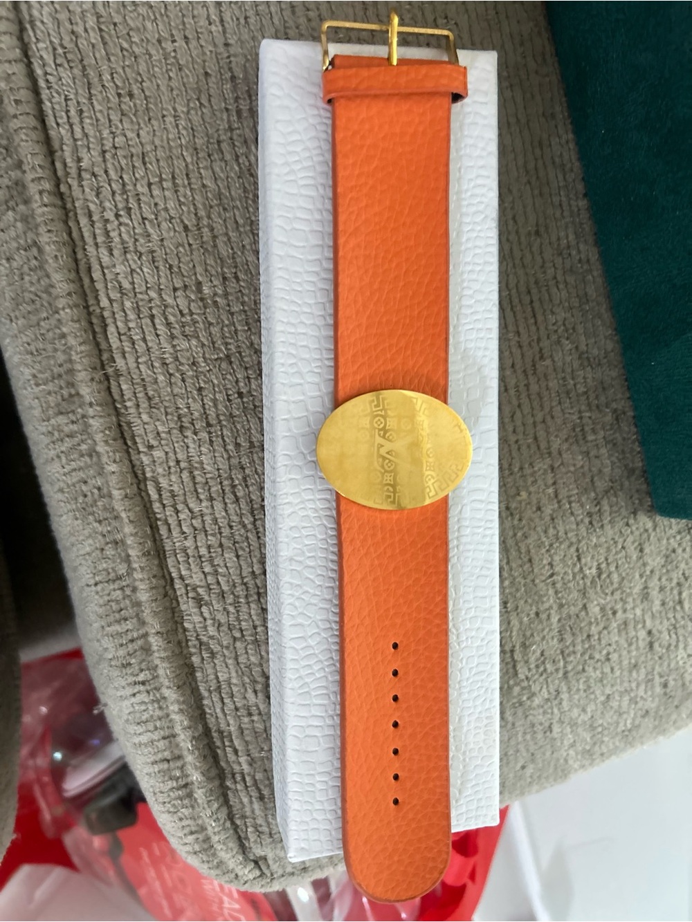 Orange Leather -Like Bracelet with Gold Medallion - Picture 2 of 5